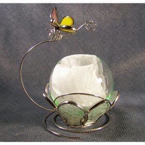 Glass Green Tealight Candle Holder Flying Bee Design